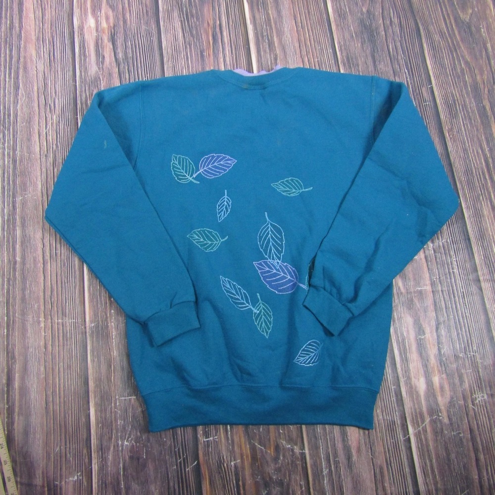 Vintage 90s Morning Sun Sweatshirt Womens Small Blue Leaf Crewneck Granny Core - Picture 4 of 6